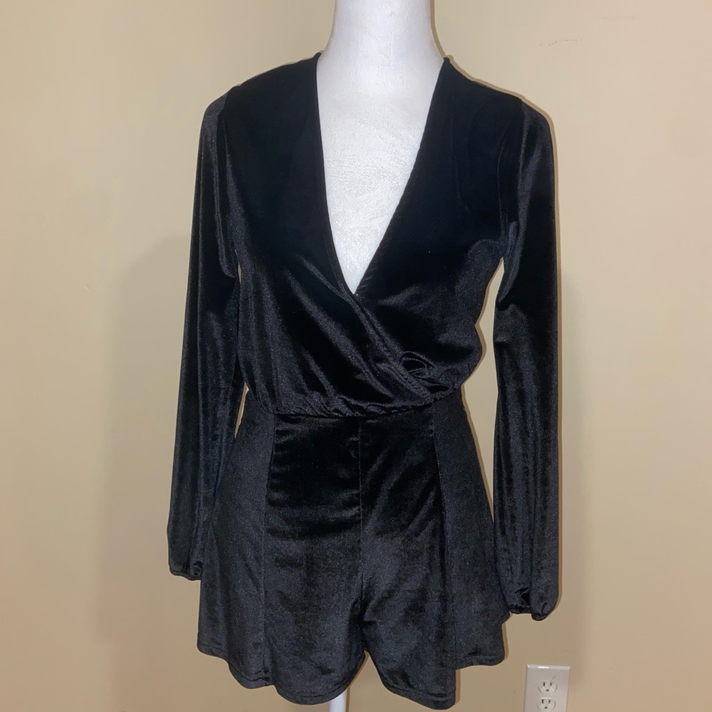 Honey Punch Black Velvet Wrap Romper